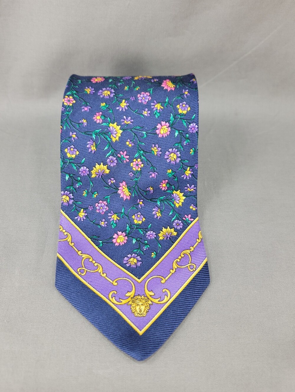 Gianni Versace Men's Silk Necktie Tie Blue Yellow Floral Medusa Print Italy